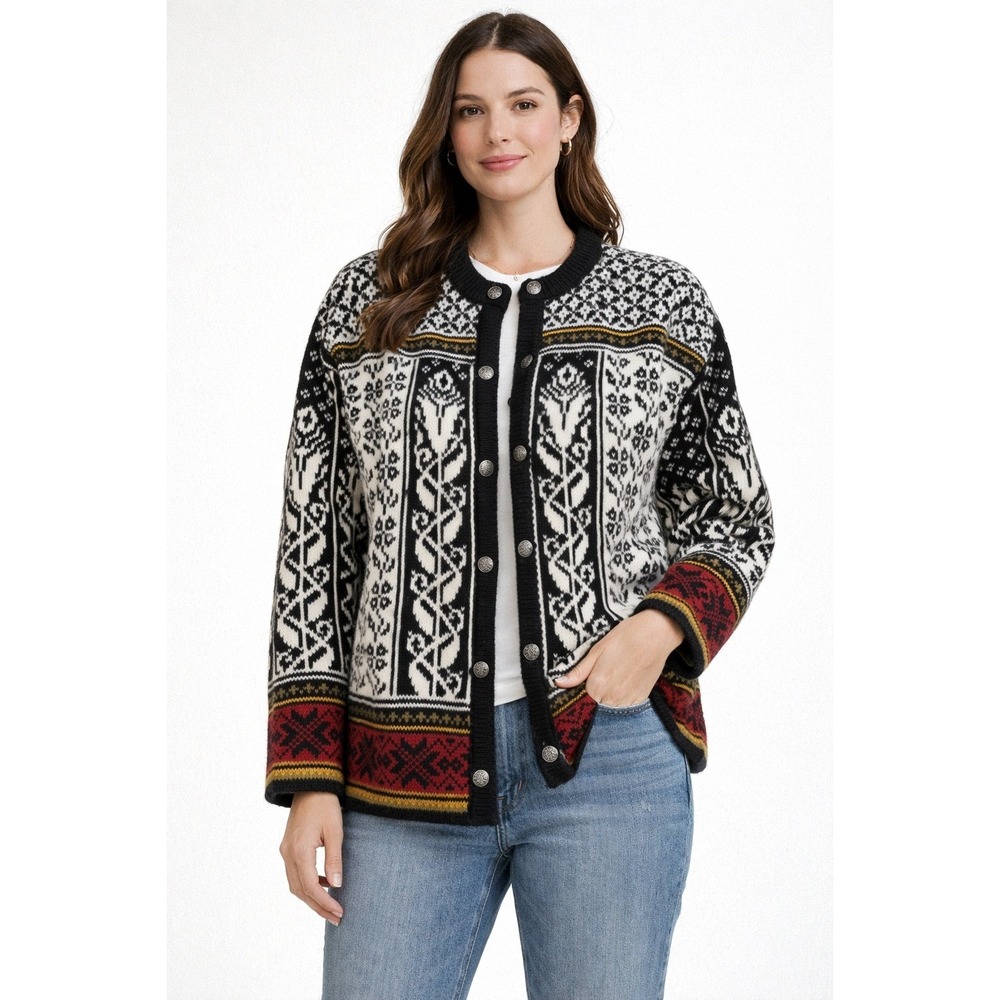 EMS Nordic Fair Isle Wool Blend Cardigan Sweater Women's Size L Black Red‎ White